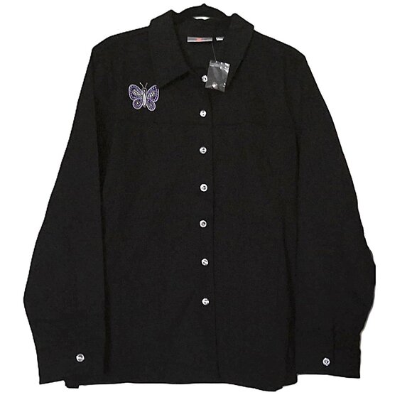 New Quacker Factory Black Denim Jacket Shirt Style Butterfly & Bling NWT Sz L - Picture 1 of 6
